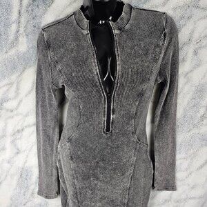 Fashion Nova 2X Plus Charcoal Washed Black Ribbed Midi Dress Bodycon Zip Sexy